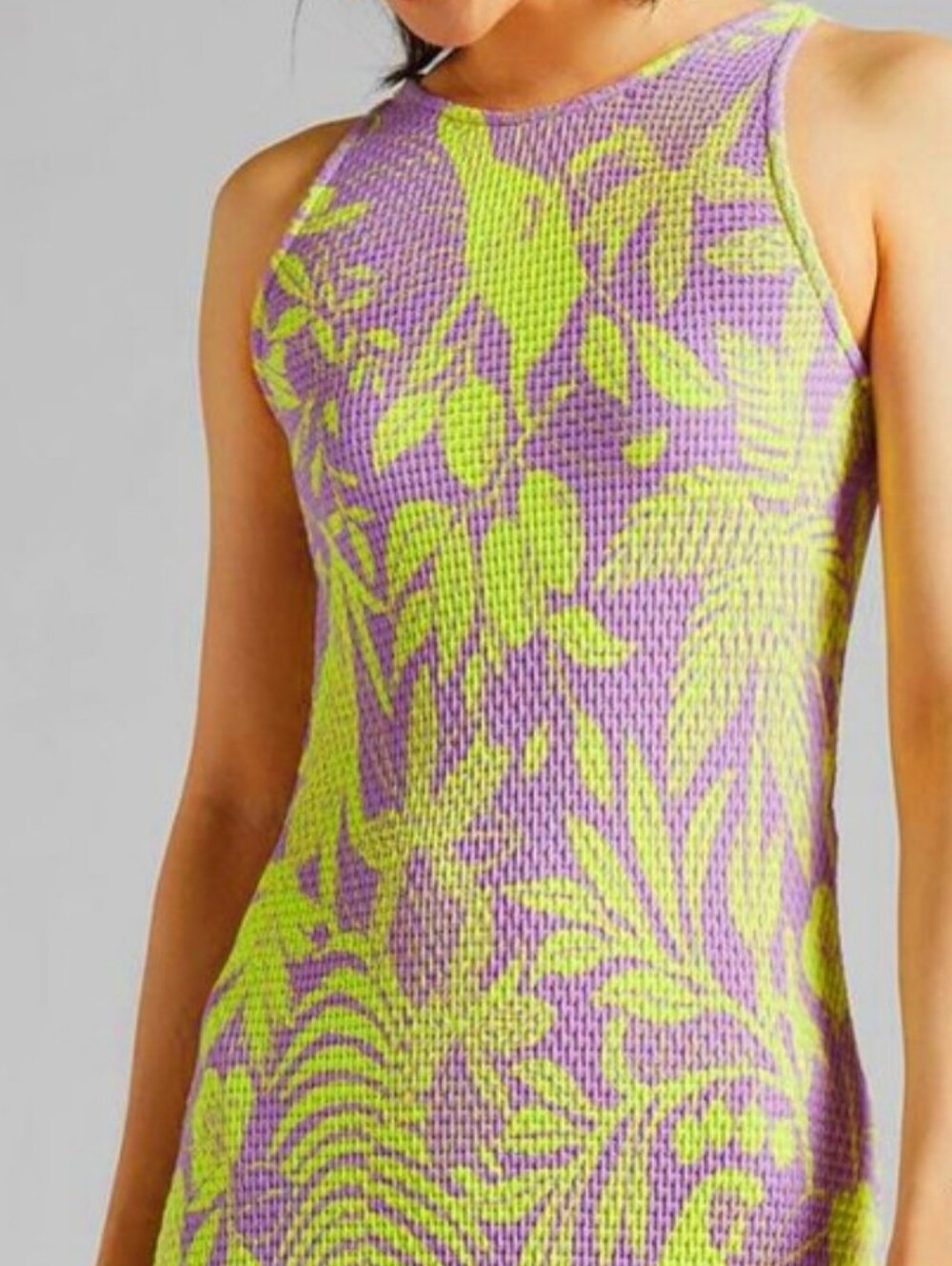 Farm Rio × Anthropoligie Sleeveless Purple & Lime Floral Bodycon Midi Dress S - Picture 3 of 10